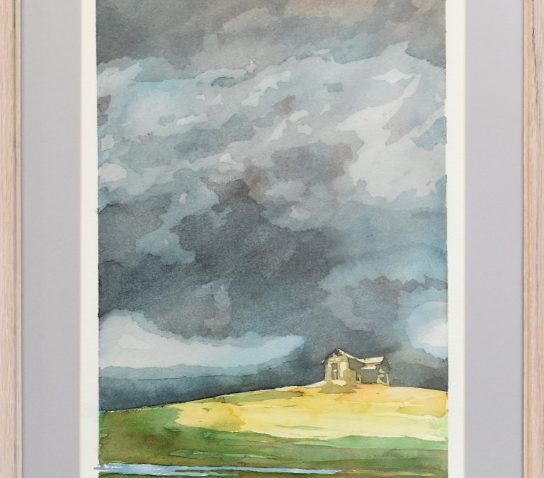 Watercolor painting of dark stormy sky over a little house on a green hill