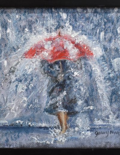 painting of person under umbrella in rain storm