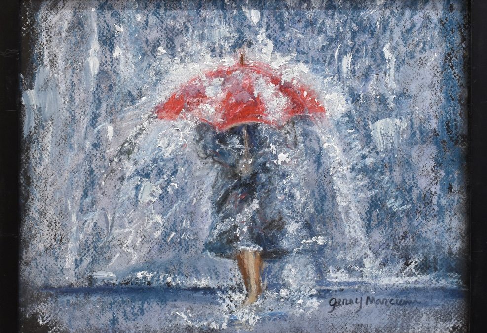 painting of person under umbrella in rain storm