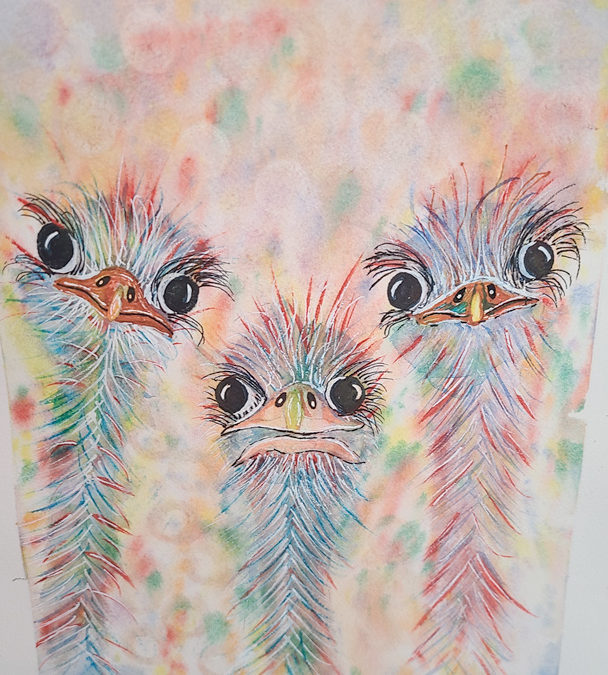 water color image of 3 baby emus