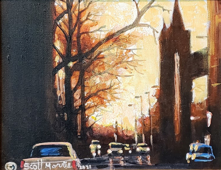 Painting of street scene at twilight with buildings and trees in sillouette and car lights reflecting on wet streest