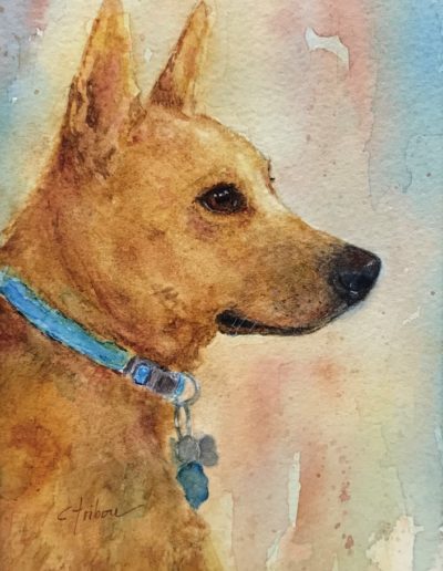 Water color painting of dog against pastel background