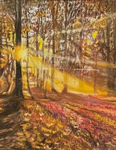 Painting of sunrays low in the sky shining through autumn colored trees