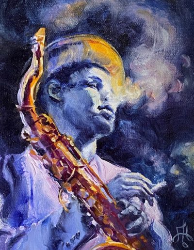 Painting of a jazz saxophone player encircled by cigarette smoke