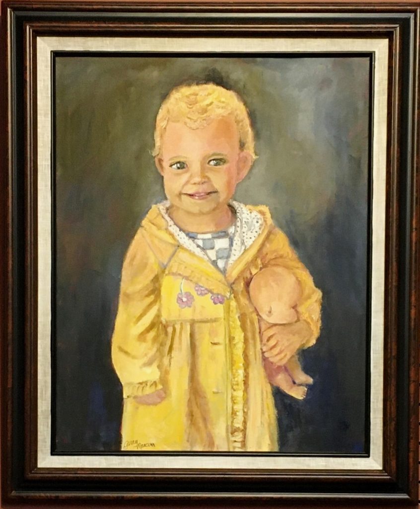 painting of a child with short blonde hair wearing a yellow raincoat and clutching a well loved doll under one arm