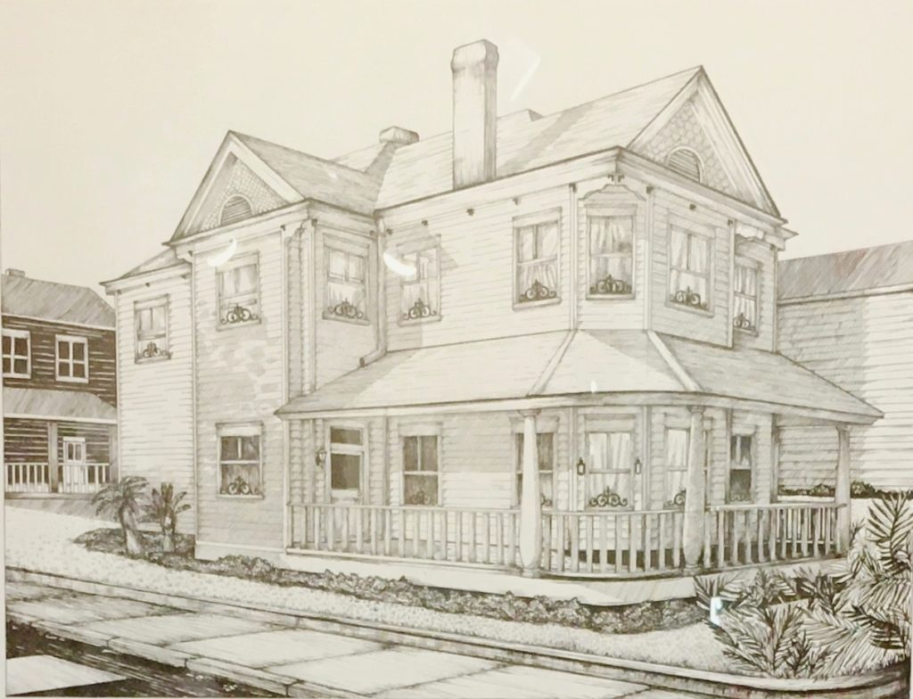 ink drawing of two story house with wrap around porch