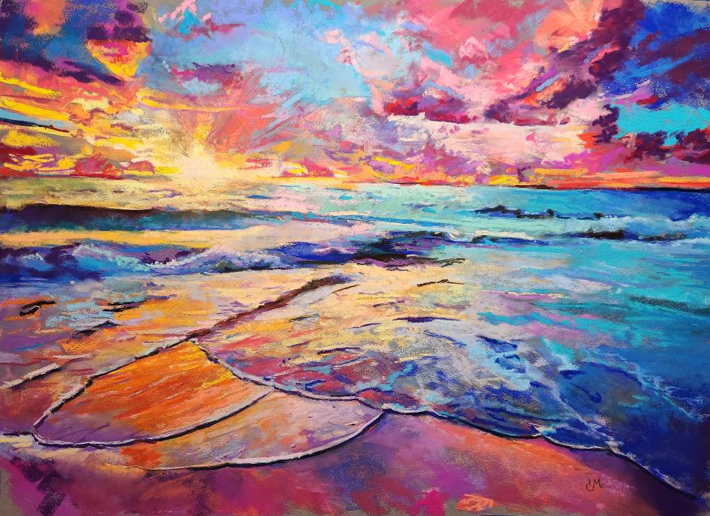 very colorful beach scene at sunset. Imagine hues of turquoise, pink, orange, purple in the sky and the waves washing up on shore.