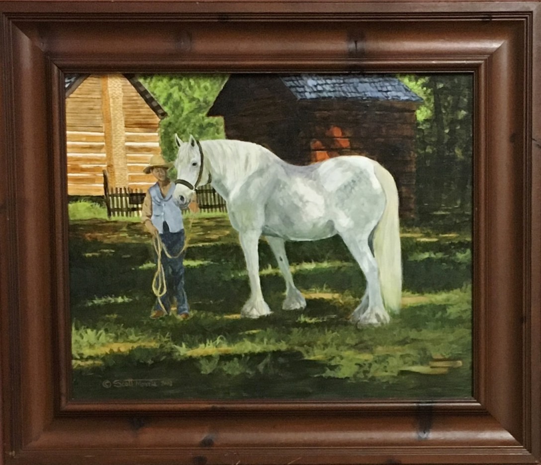 pastel painting of Santa Clause in white shirt with red suspenders. He's looking at viewer and pointing with his right hand as if he's saying something important.