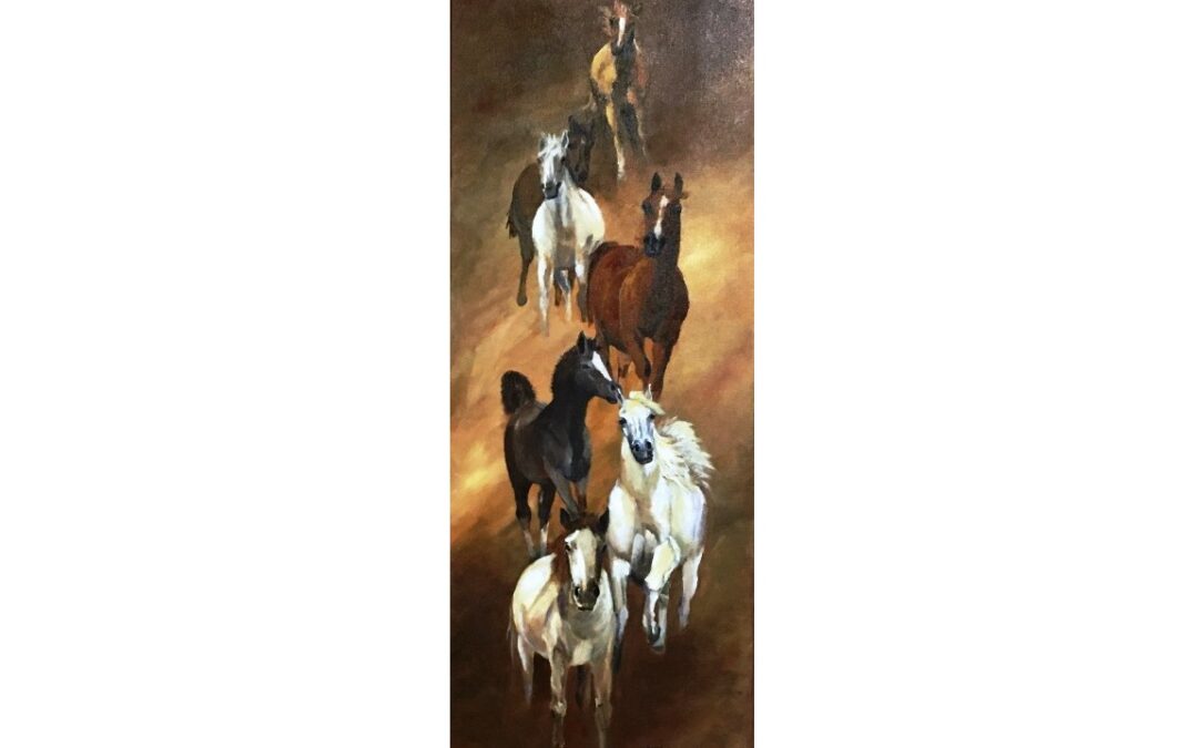 tall vertical painting of horses