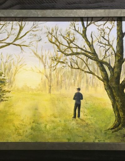 Painting of a bright yellow sunrise. You see long shadows on the ground as the sun peeks above the horizon, the silhouette of trees and a person facing the sun