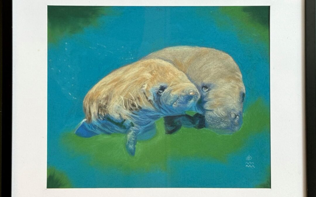 painting of a mother manatee with her child. The surrounding water is turquoise and green