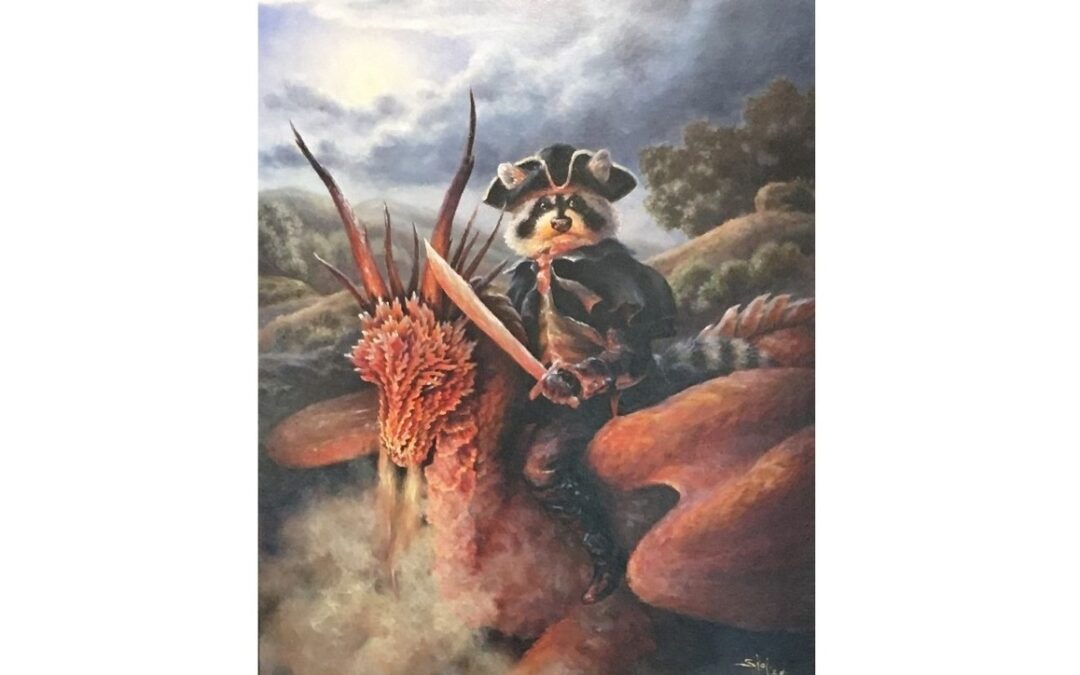 Fantasy painting of a raccoon dressed as a highwayman riding fantastic dragon-like creature