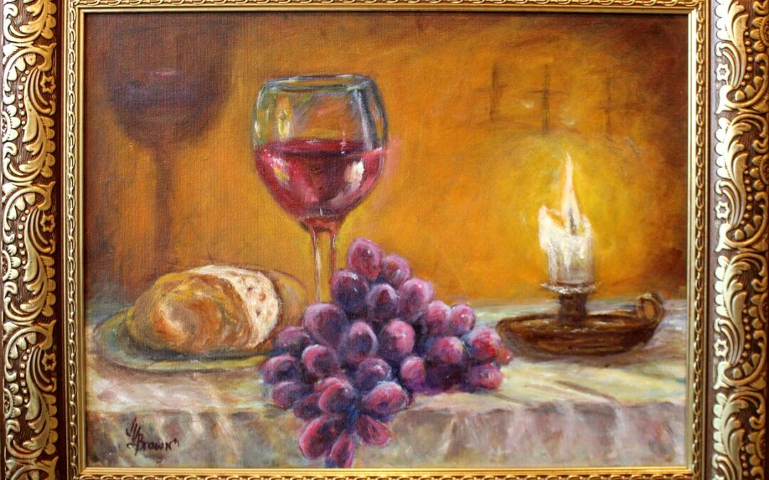 Still life painting of table with cloth against a soft neutral background. Lighting is soft and by a candle which is on the table with a glass of wine, bunch of grapes and bread on a saucer