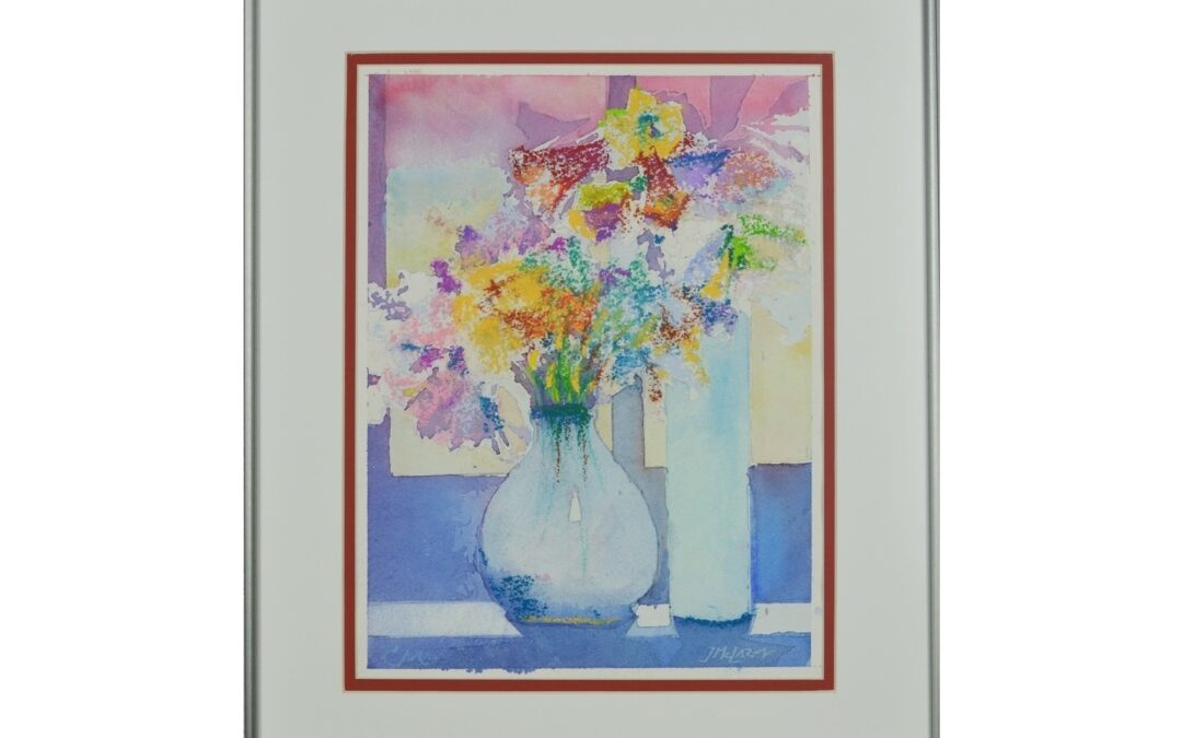 image of a vase of flowers. Background is in watercolor shades of blue by one artist and flowers in colorful pastel by another