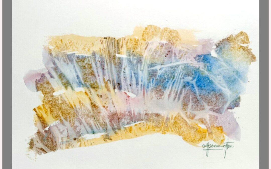 abstract watercolor painting depicting numerous trees in blues and golds