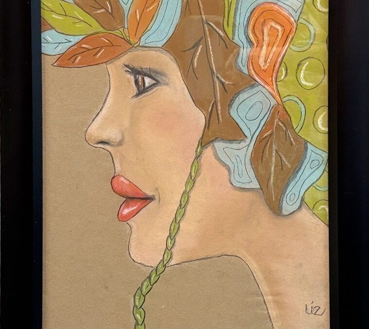 painting of a woman in profile looking to the left. It appears she's wearing a cap of leaves