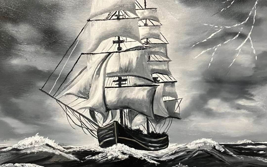 painting of a ship with sails on a rough sea in a storm. It only uses black and white to depict roiling sea with white caps and clouds with lightning