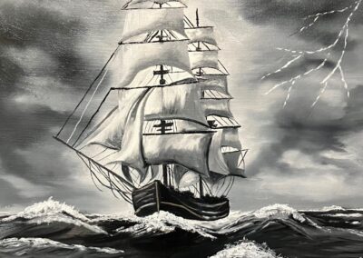 painting of a ship with sails on a rough sea in a storm. It only uses black and white to depict roiling sea with white caps and clouds with lightning