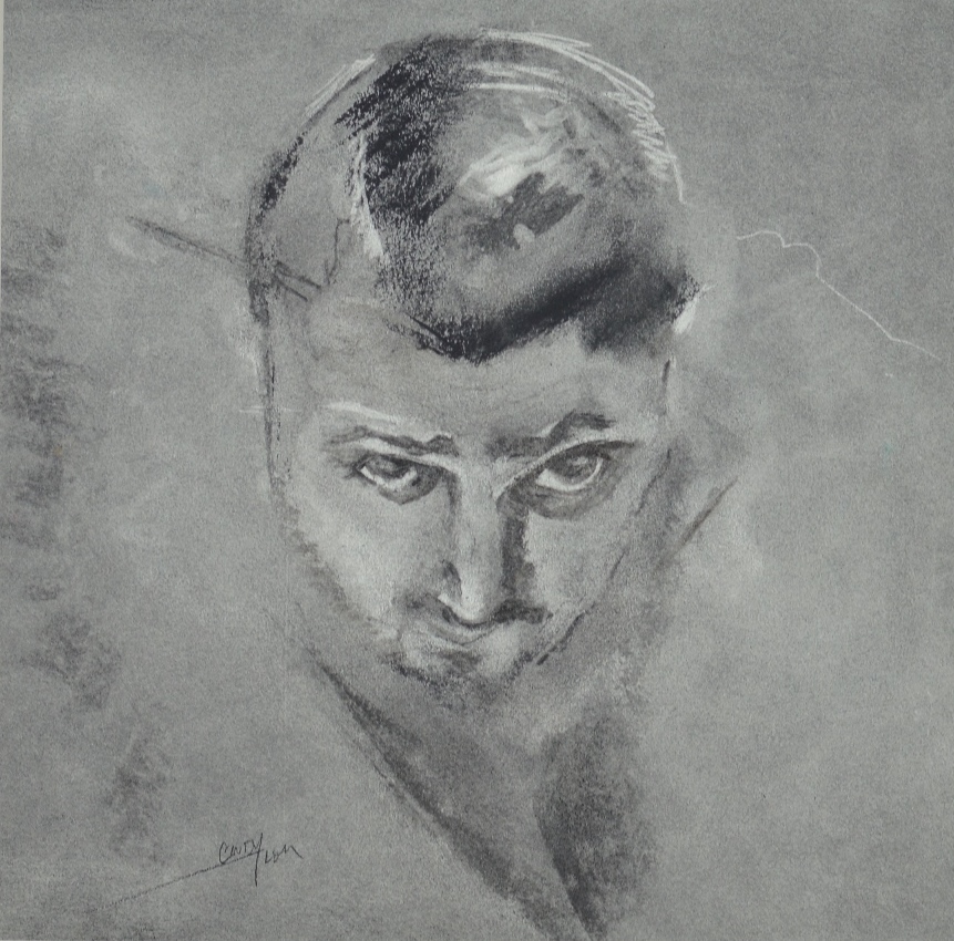 Charcoal image of a man's head with only impressions of the background. He is looking forward and is very focused on something. The title and the way he's posed seem to imply he might be playing pool but the artist has left it to your imagination