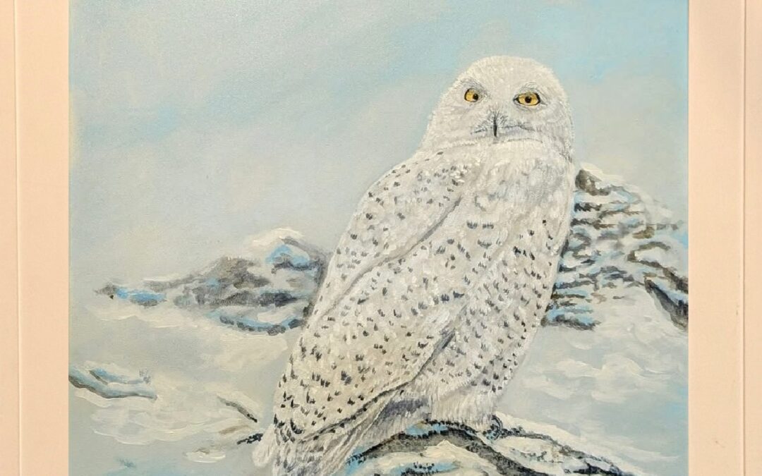 Painting of a snowy owl. It is white on a background of white snow, blue sky and contrasting dark landscape features